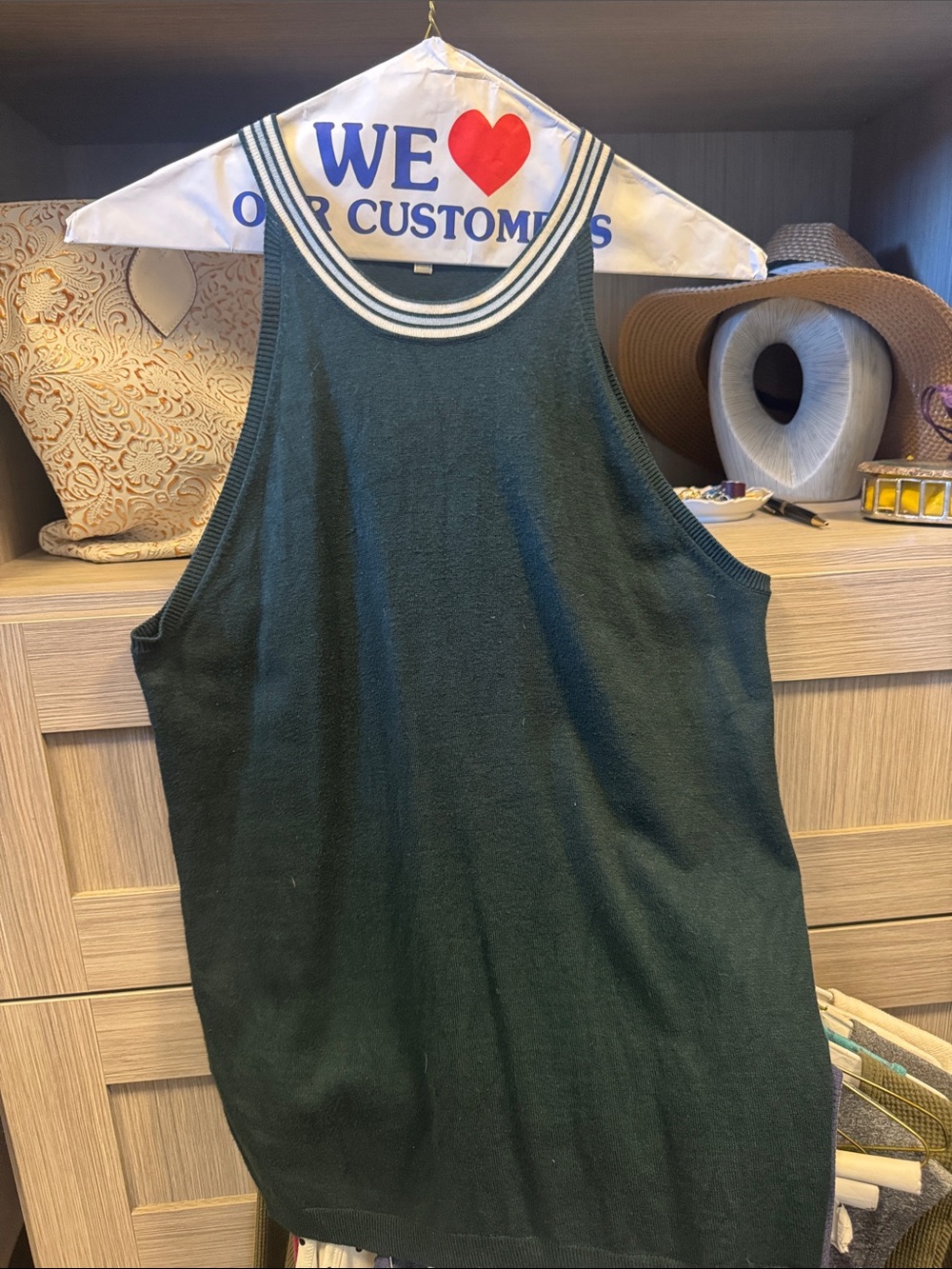 Green Sleeveless Knit Tank with Striped Collar
